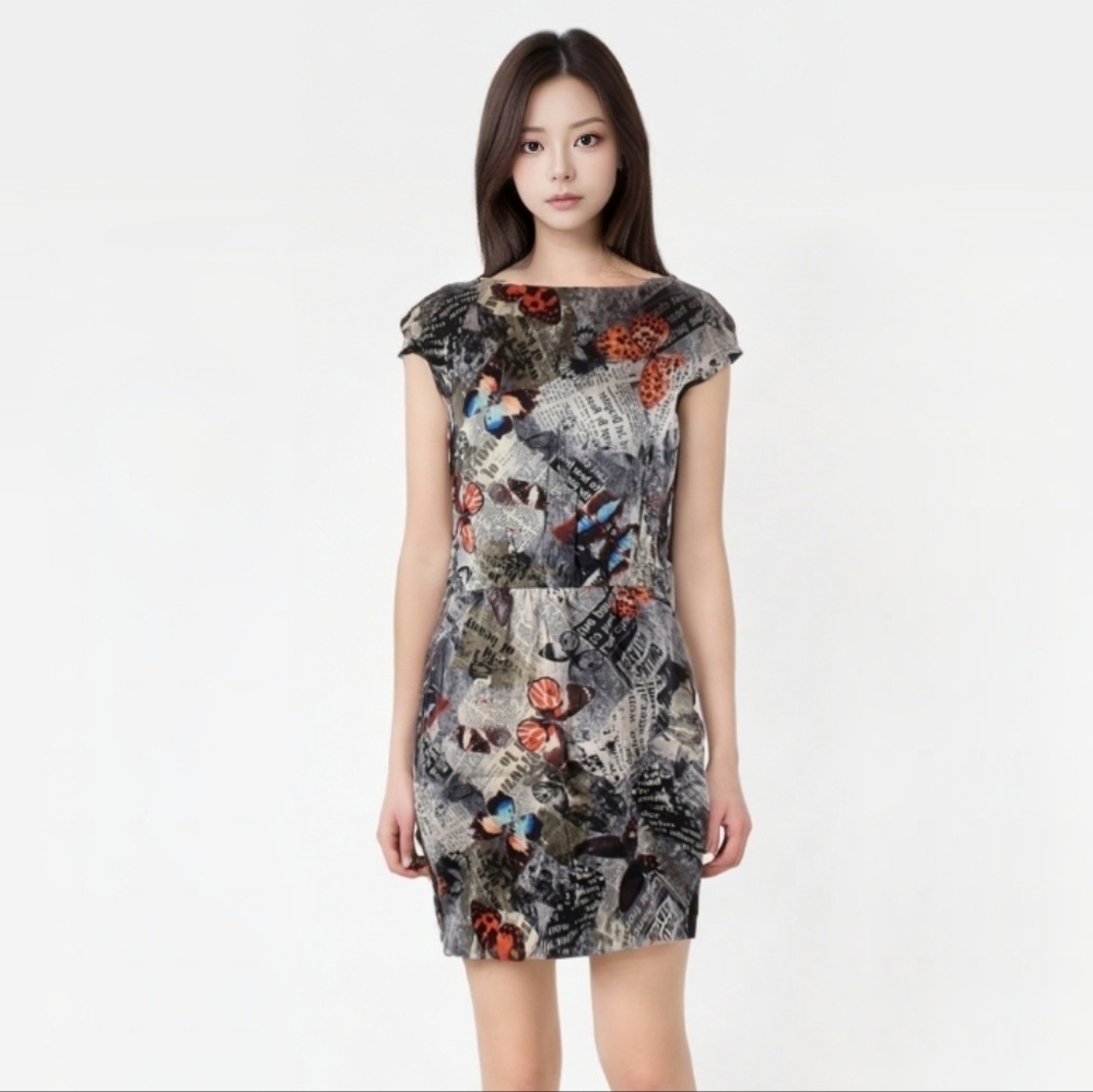 Laio Wan Wan Silk Newspaper and Butterfly Print Knee‎ Length Dress